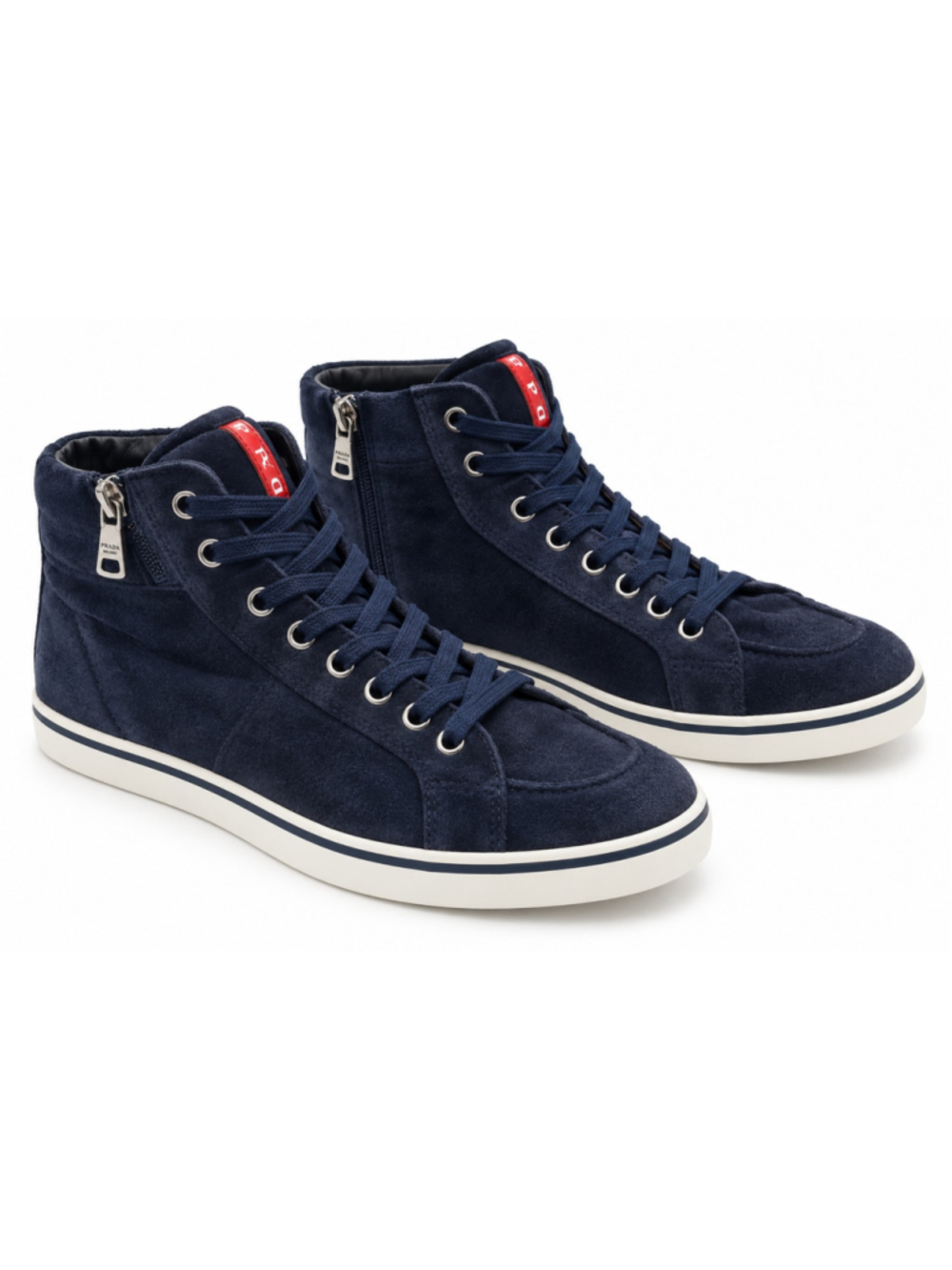 Prada Womens Navy Suede High Top Sneakers Size 35 OT0575 Box Dust Bag Laces